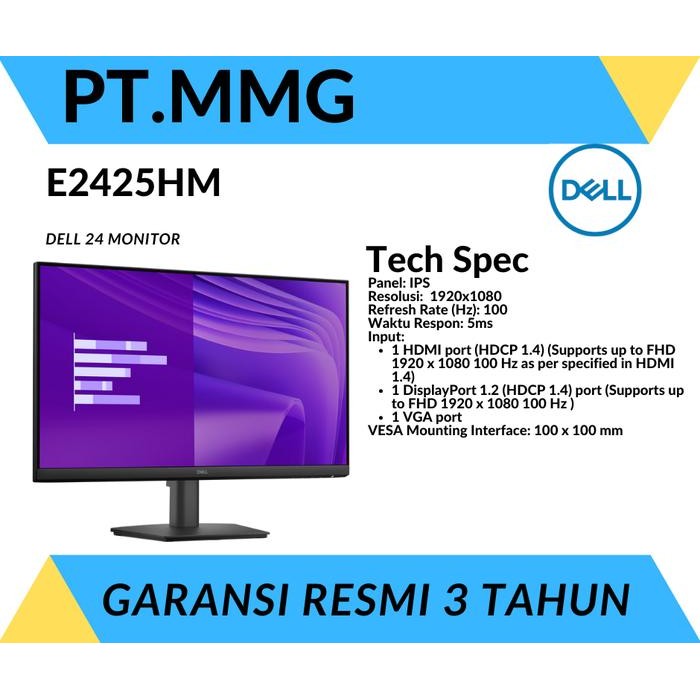 Monitor LED Dell E2425HM 24" FHD 1080p IPS 100Hz HDMI DP VGA VESA resmi