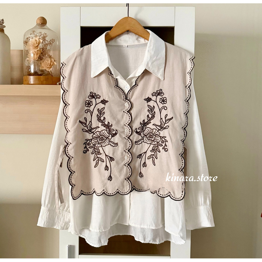 Hanna Set Inner + Outer Bahan Linen - Size S - XXL - Kemeja Bordir - Atasan Bordir - Kemeja Jumbo