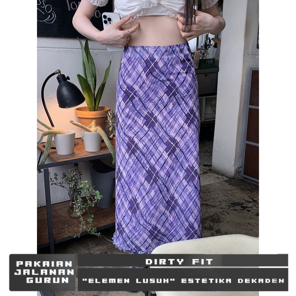 Rok y2k Versi Korea retro rok kotak-kotak tidak beraturan wanita ukuran besar gemuk mm musim panas t