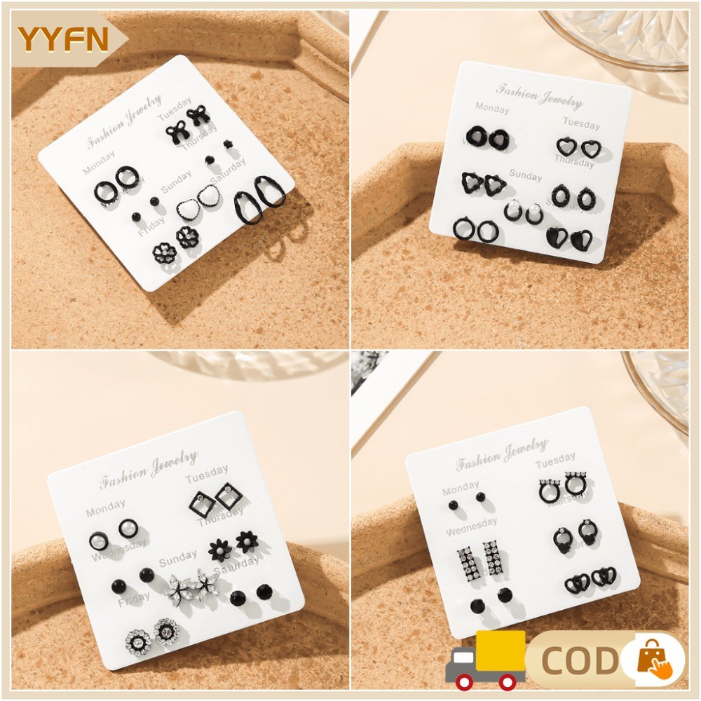 7 pcs/Set Anting-Anting Hitam Lucu Elegan Korea Style Earring Fashion Accessories