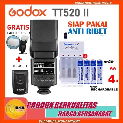 Paket Lampu Flash Eksternal Godox TT520II TT 520 II Kamera Canon Fujifilm Olympus Pentax Sony Nikon