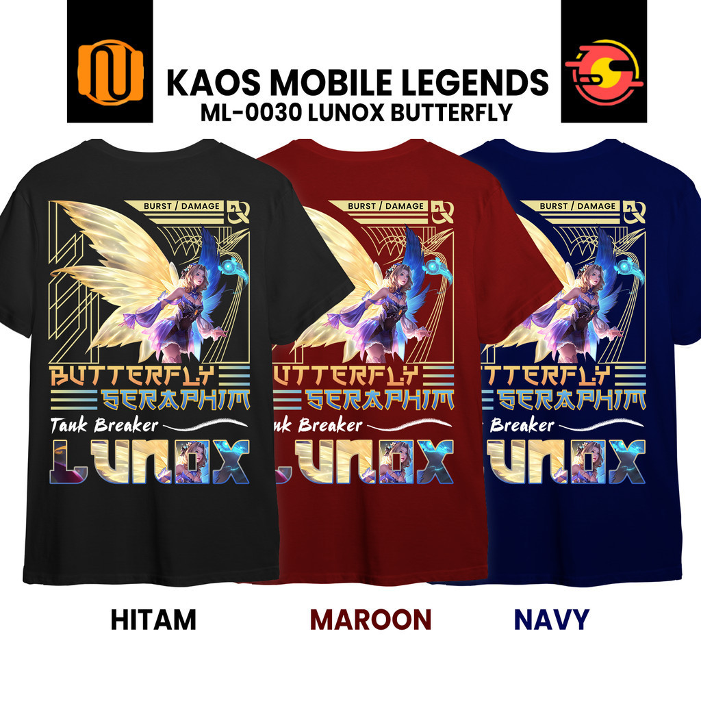Kaos LUNOX BUTTERFLY SERAPHIM EPIC Mobile Legeds MLBB Lengan Pendek Hitam  Pria Wanita