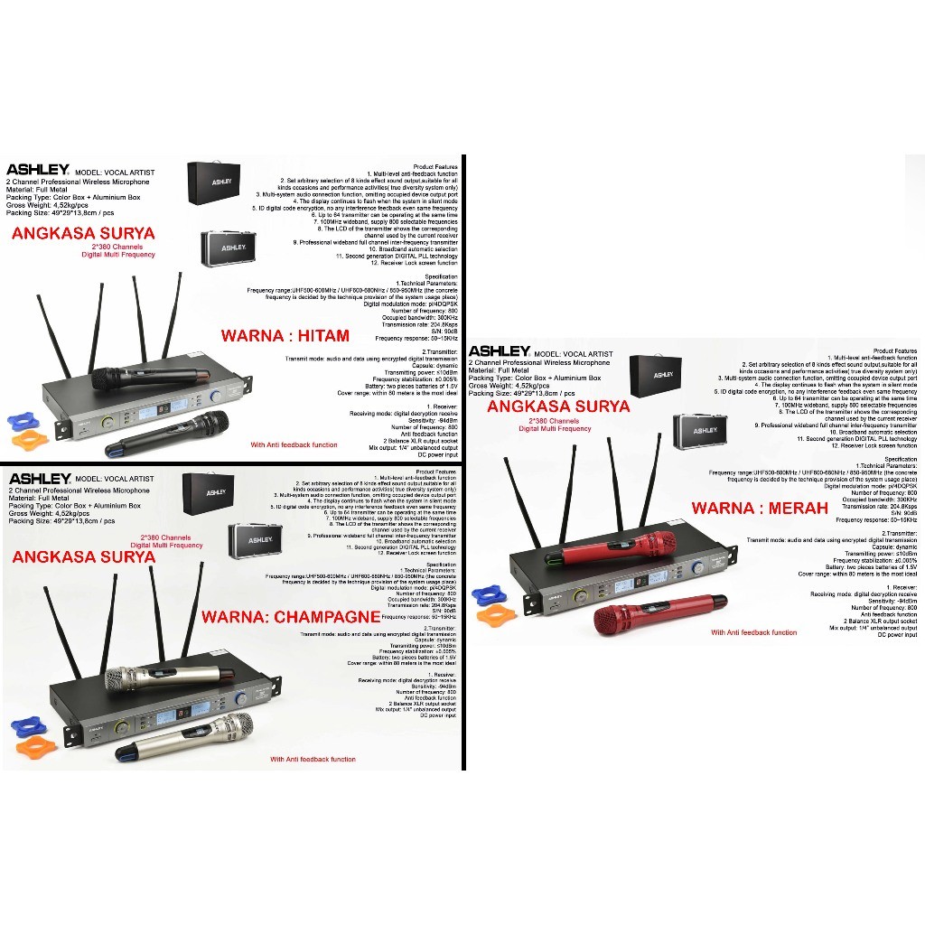 GemaAudio Shop Mic Wireless ASHLEY VOCAL ARTIST ORIGINAL Koper Hardcase Anti Feedback Multi Frekuens