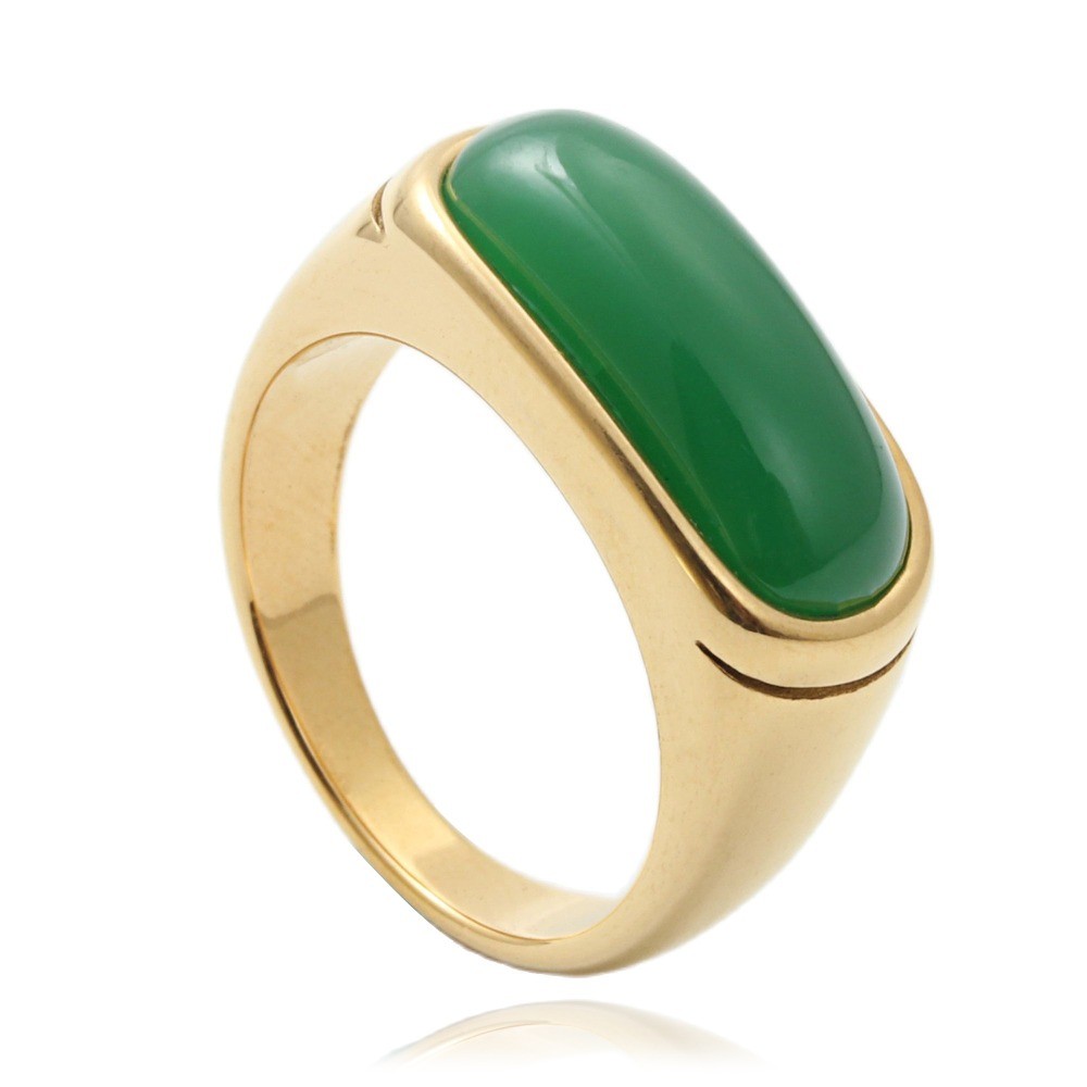 Cincin Pria Emas Perak Lonjong Batu Akik Hitam Zamrud Titanium Baja Poles Vintage Sederhana Mewah Fa