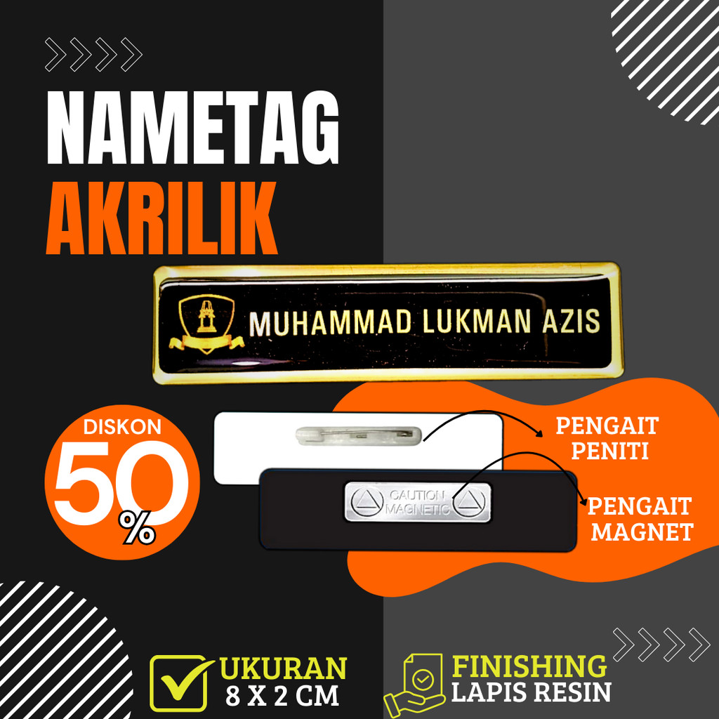 Name Tag Nama Dada Akrilik Magnet Peniti Gold Silver