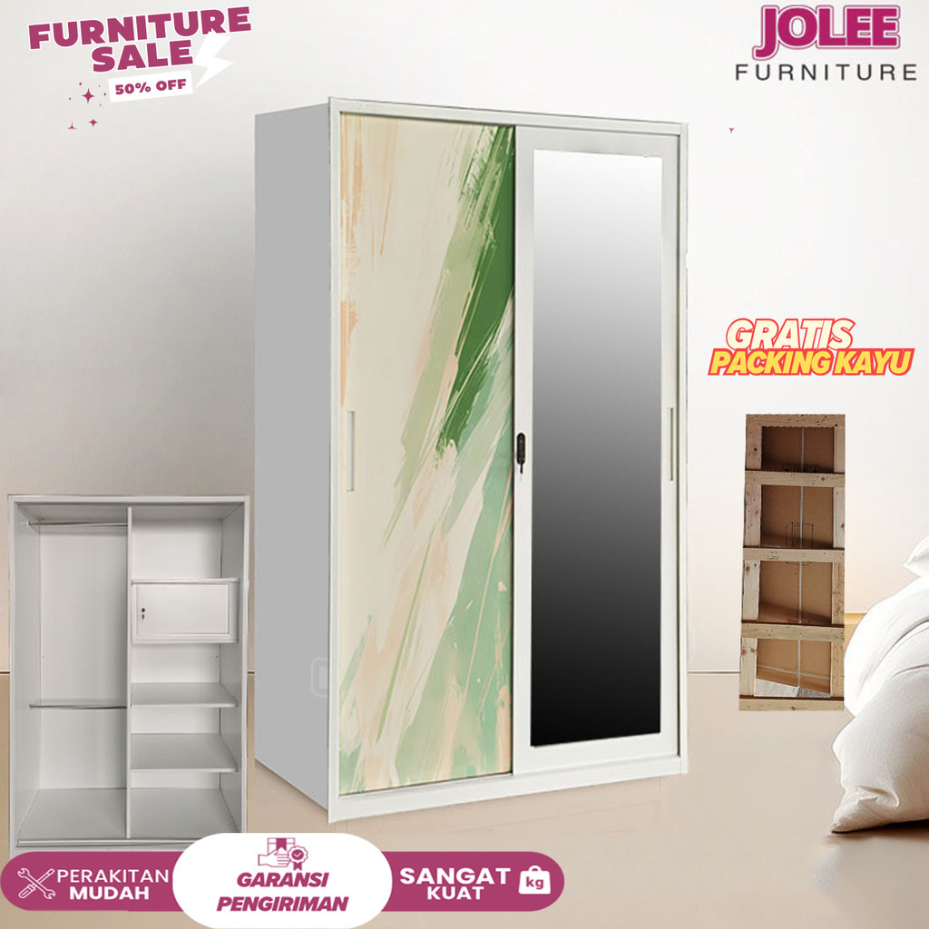 BB-Lemari Pakaian Besi Lemari Pakaian Pintu ganda biasa 85cm 2 pintu 1 Hanger Cermin Minimalis