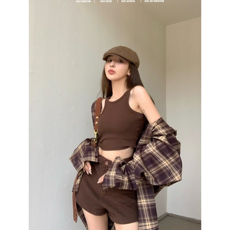 VELVANA COD Kemeja Lengan Panjang Kotak-kotak Coklat, Kemeja Desainer, Atasan Longgar Dan Set Celana