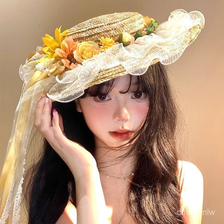 Lolita Woven Straw Hat Princess Hat for Women Summer Sun Hat Lace Flower Bowknot Sun Protection Hat