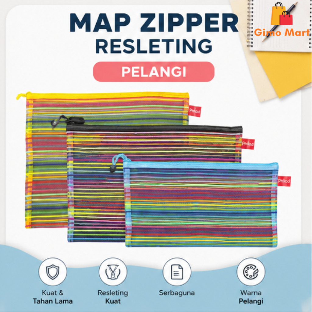 [GM] Map Zipper Resleting Pelangi A6 A4 B4 / Zipper Bag Dokumen Organizer Serbaguna 3 Ukuran