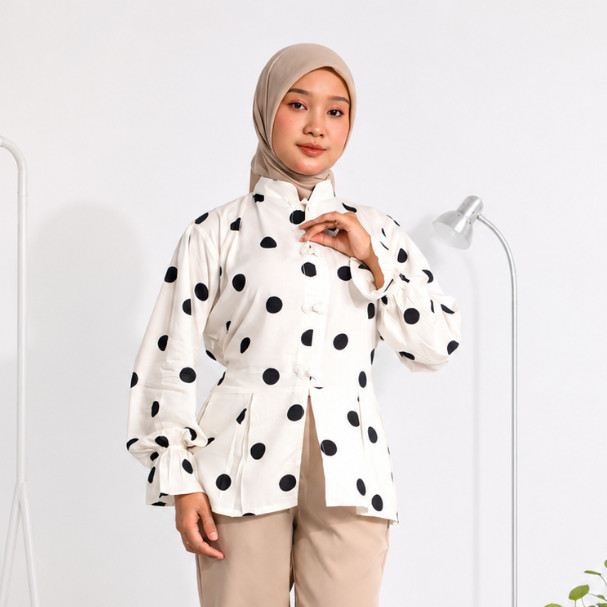 FAFA - Cheongsam Top Lengan Panjang Dayana Blouse Polka Kekinian - Atasan Wanita Polka