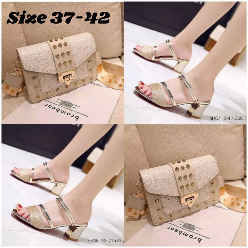 S5 Paket Tas Dan Sandal Hak Tahu 2in1 Wanita Gliter Berkilau Sandal Heels Kekinian Kondangan Mewah E
