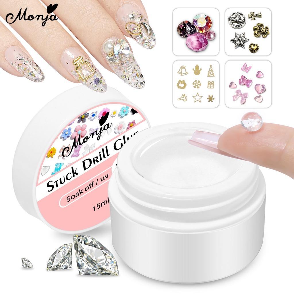 Monja 15ml Gel Lem Kuku Art Drill Adhesive Glue Kuat Tahan UV LED Lamp Cure Dekorasi Rhinestone Perh