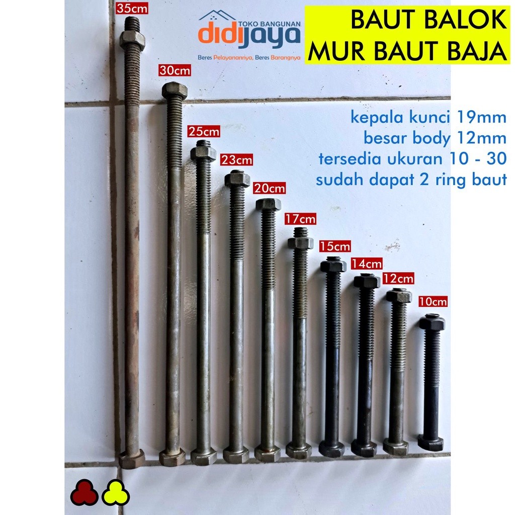 Baut Blandar - Baut Kayu Balok Baja kunci 19mm panjang 35cm - MUR BAUT - BAUT BAJA (Sudah termasuk r