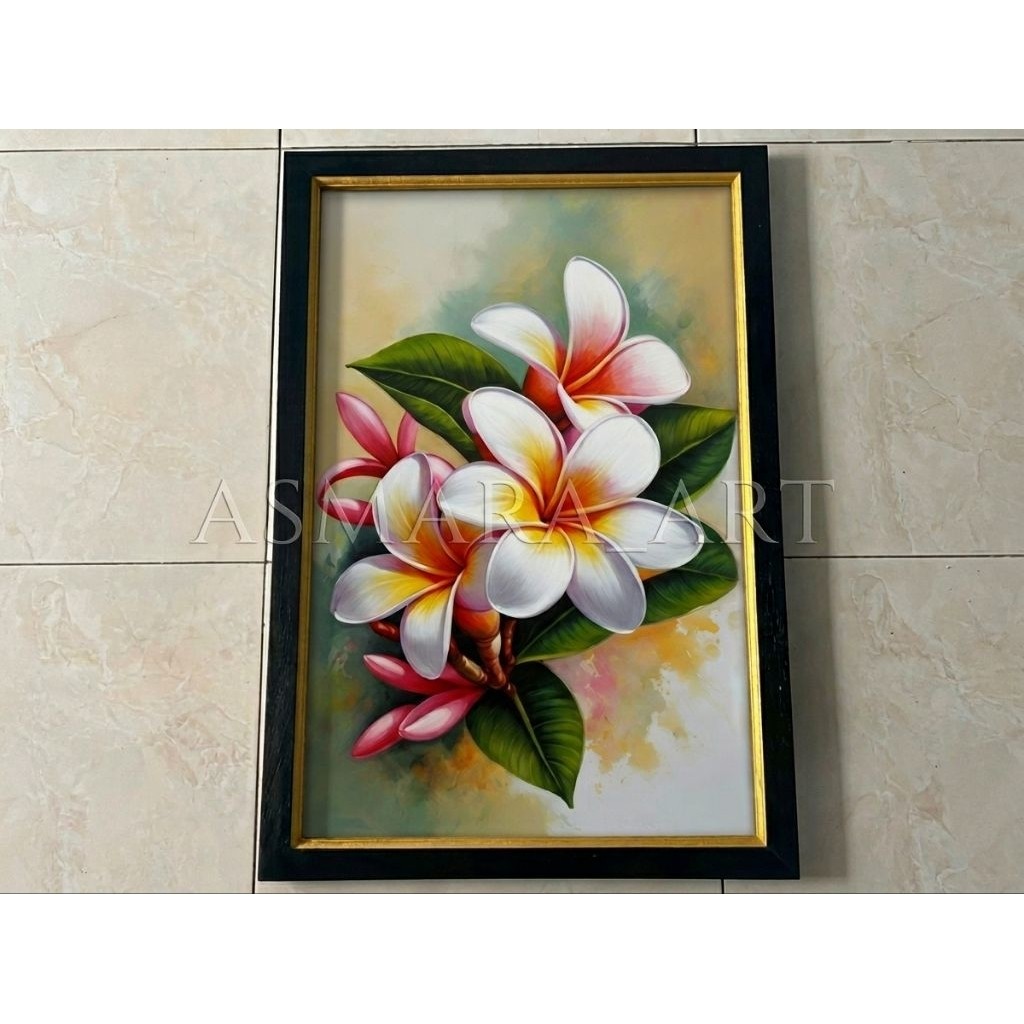 Hiasan Dinding Lukisan Cetak Gambar Bunga Kamboja Cantik Uk 45x65cm plus Bingkai Elegan