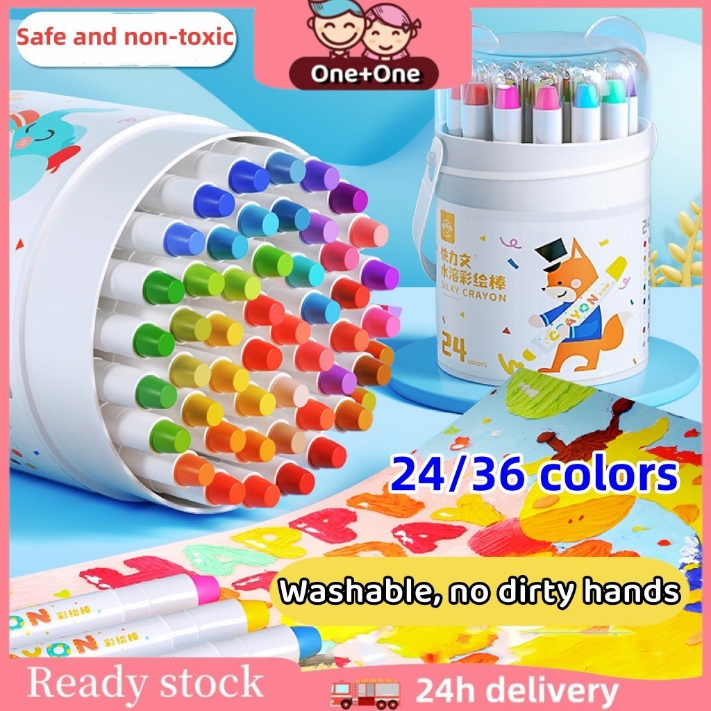 

【Free Brush】Ready Stock One+One Crayon Putar Washable Silky Crayon 24/36/48 Warna Colorful Bucket Krayon Mewarnai Alat Warna Set Anak Wipe and Clean