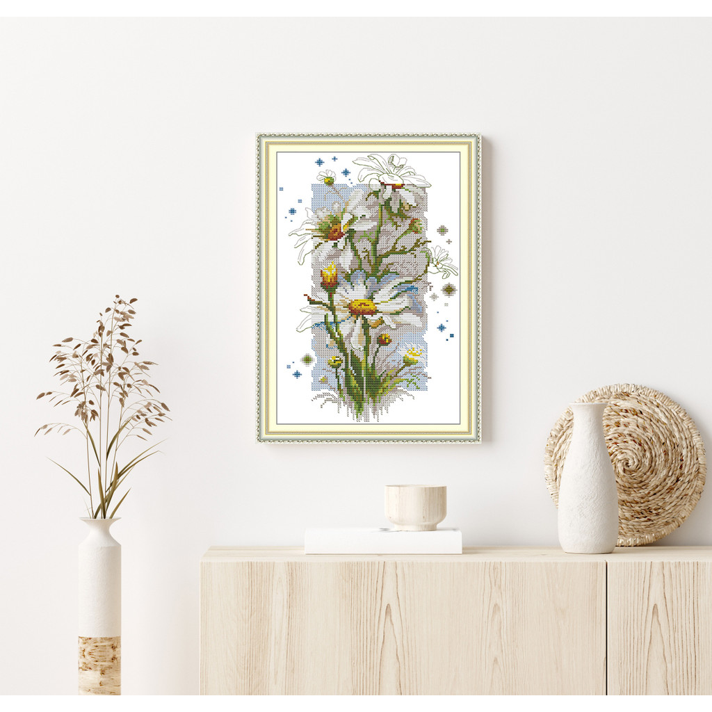 

Joy Sunday Cross Stitch Kit White daisy HD Pattern Counted Stamped Fabric Aida 16/14CT Printed Fabric DIY Embroidery Set Fllower