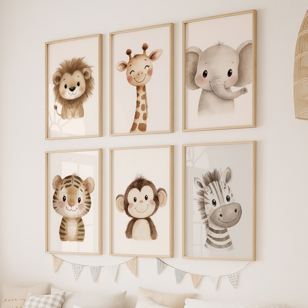 

Cute Jungle Lion Giraffe Elephant Monkey Tiger Zebra Animal Wall Art Print Canvas Safari Nursery Posters for Kids Room Decor