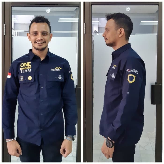 HERBERTSHOP Promo Kemeja Seragam PDL Bank Mandiri Biru Navy Panjang | Baju One Mandiri Team Bordir |