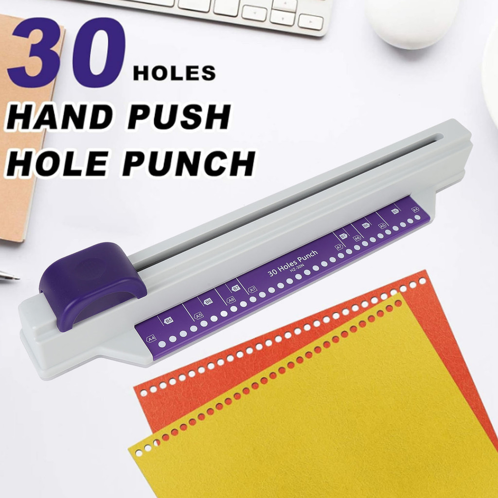 

30 Hole Punch 30 Hole Punch 6 Sheet Capacity Hand Push Paper Punch Binding Machine with 4 Loose Leaf Strips 30 Hole Punch