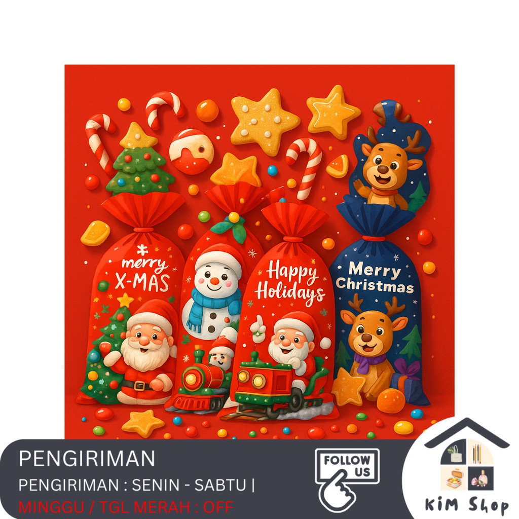 

KIM SHOP - 10 pcs Goodie Bag Snack Tas Hadiah Tas Barang Plastik Pita Natal Christmas Xmas Ulang Tahun Lucu Perlengkapan Tahun Baru
