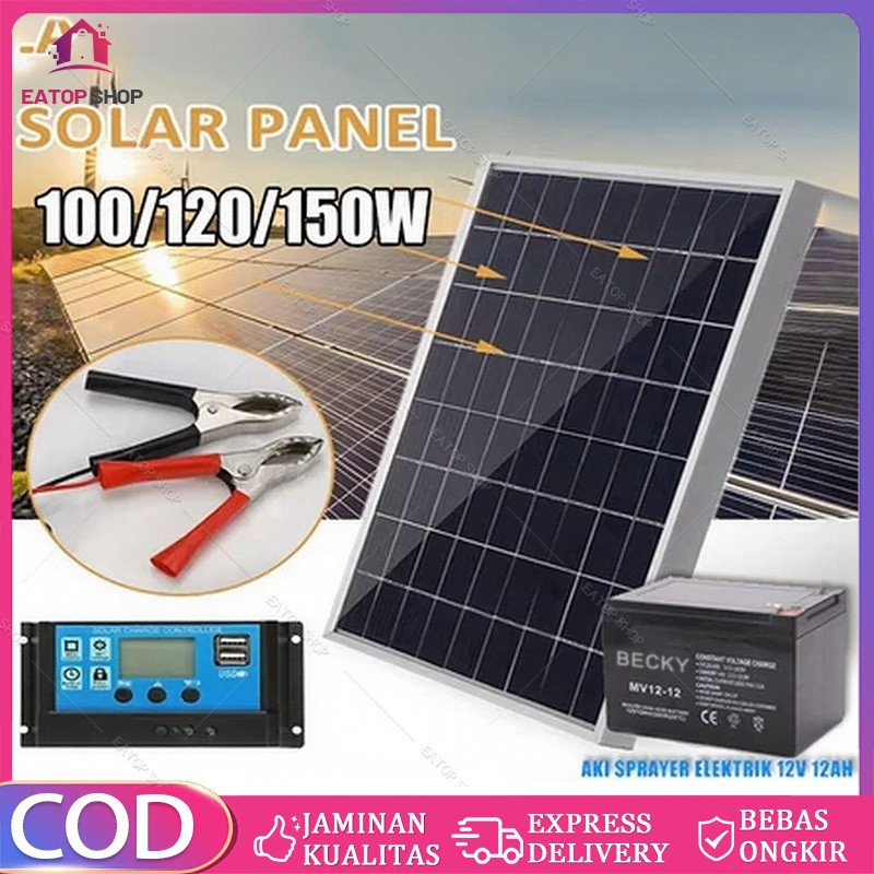 60W-150W Panel Surya Solar Panel + Aki Sprayer Elektrik 12V12Ah Mono Panel Kristal Mono Panel Surya 