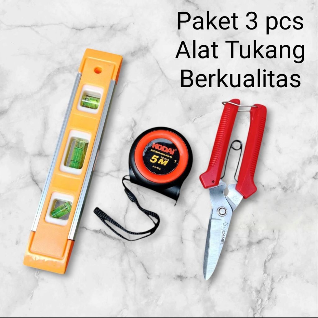 Paket Hemat 3 pcs Alat Tukang Berkualitas - Gunting Holo merk Camel/Meteran 5 meter/Waterpass Mini