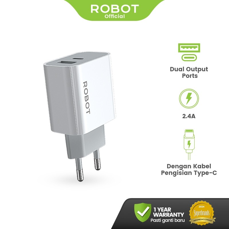 ROBOT Charger Fast Charging Dual Port 12W with Type C Cable 2.4A Adaptor Kepala Charger Adaptor Kepa