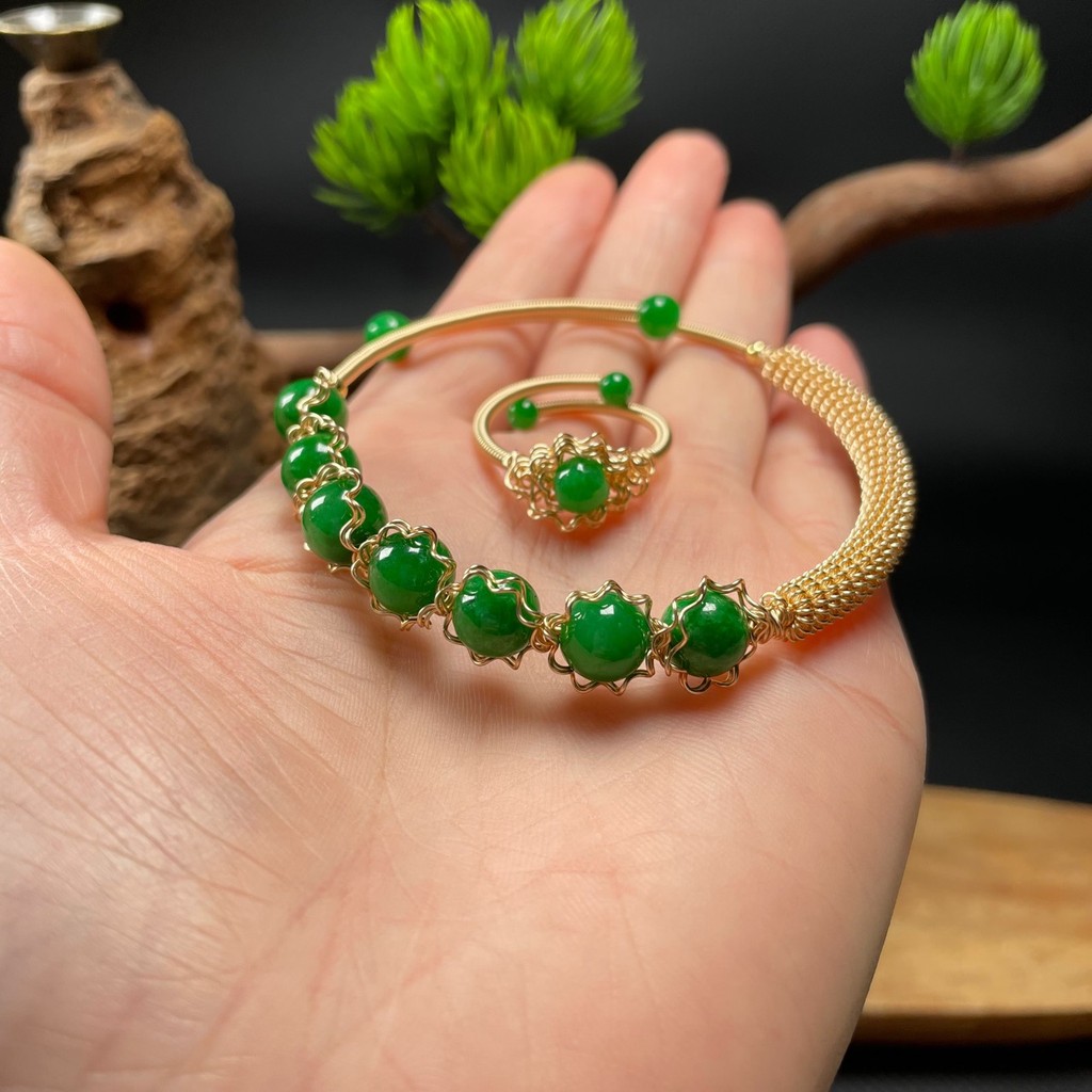Gelang Cincin Kawat 14k Hadiah untuk Ibu Set Jadeite Hijau Kering
