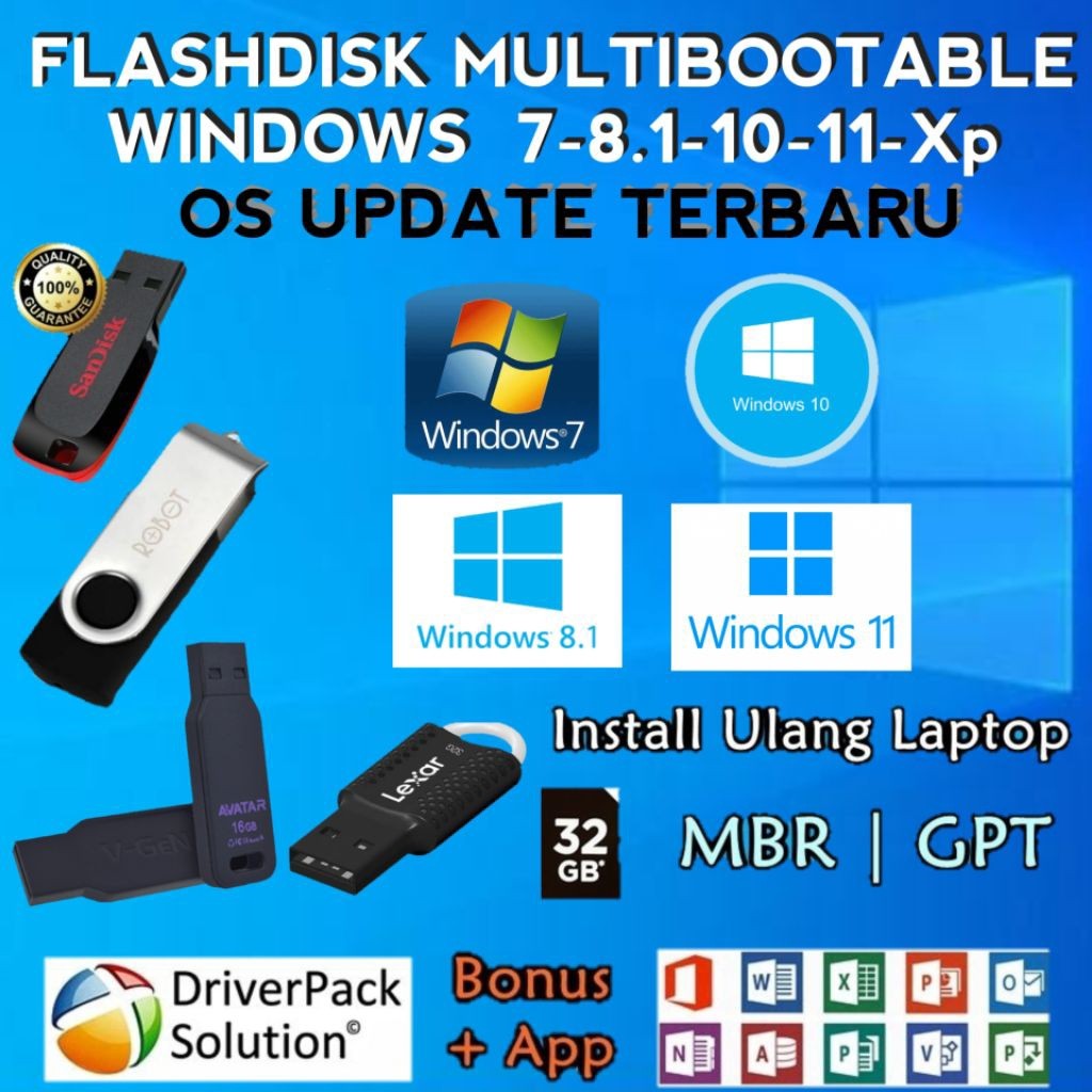 FLASHDISK BOOTABLE | MULTIBOOTABLE WINDOWS XP/7/8.1/10/11 ORIGINAL PLUS DRIVERPACK
