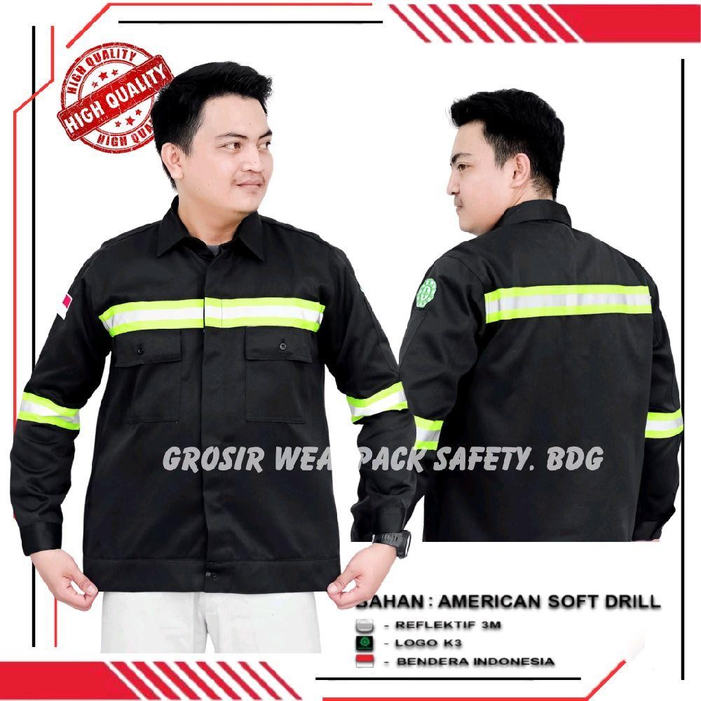 Kemeja Wearpack Safety Warna Hitam Seragam Kerja Baju Atasan Lengan Panjang Lis Strip Hijau | Seraga