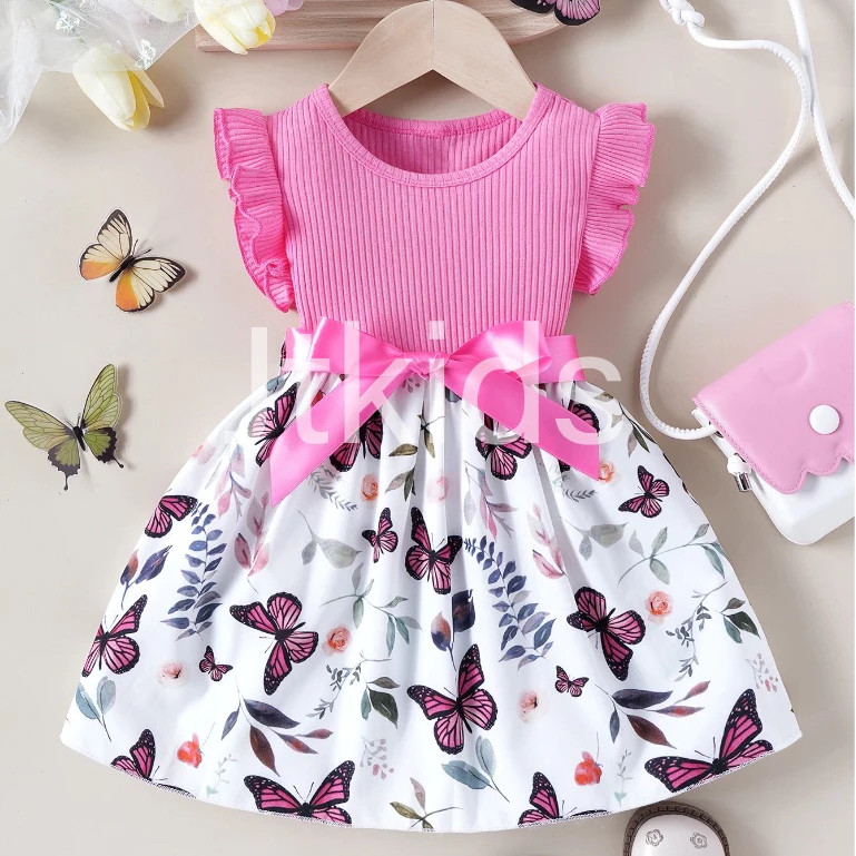 DA Dress Anak Perempuan Kupu Kupu Kamari 1-5 Tahun Gaun Cewe Lucu Baju Pink Biru Merah Maroon Fanta 