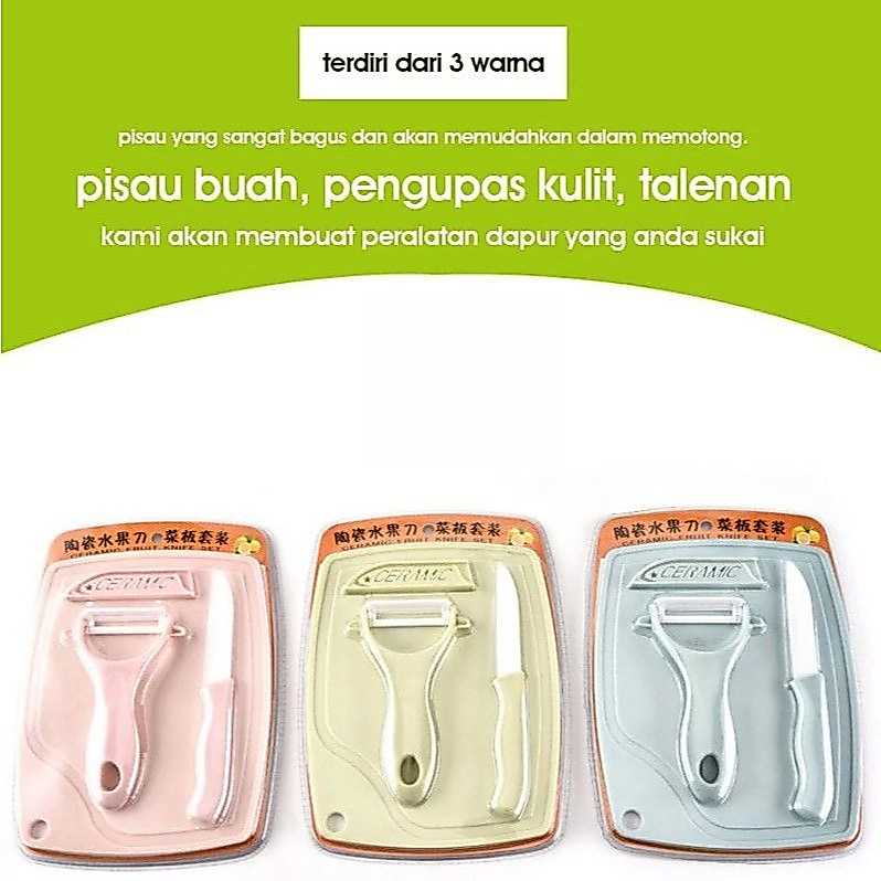 L169 - Pisau Set Keramik Alat Dapur Talenan Serutan Pengupas Buah Sayur 3in1