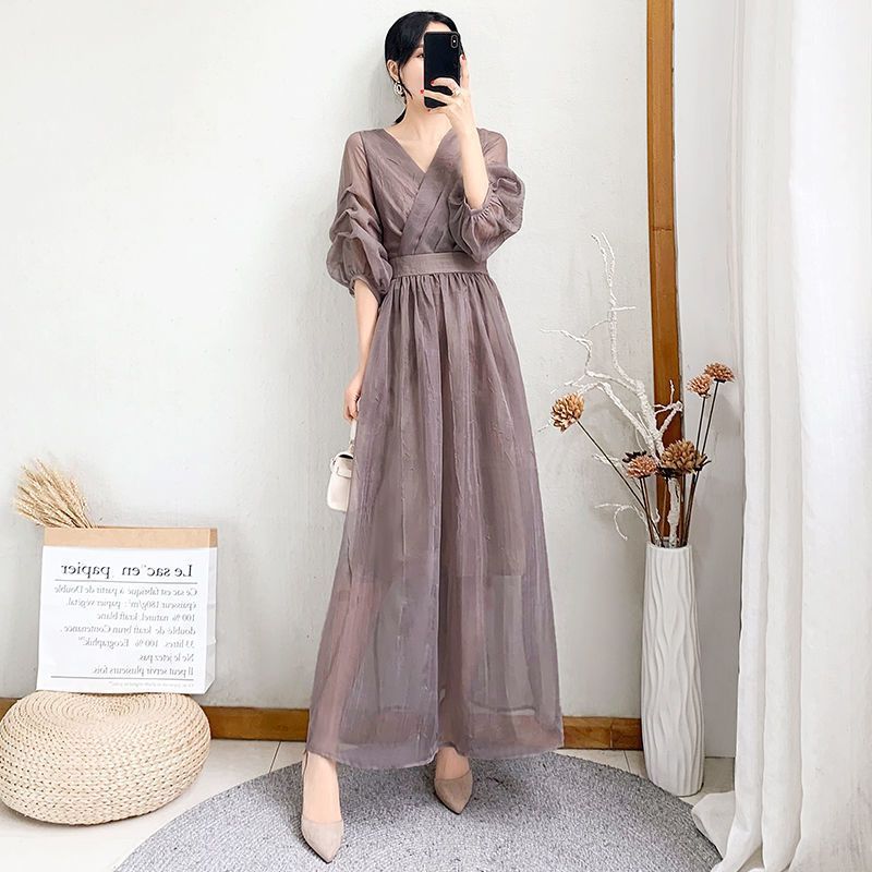 [Warna Wanita][COD] Gaun Panjang Selutut Wanita Warna Polos Potongan Ramping Rok Panjang Jala Elegan
