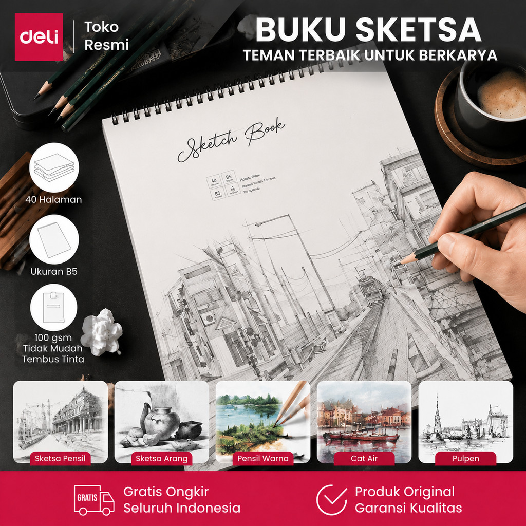 Deli Buku Sketsa Gambar A4 B5 Vertikal 40 Halaman Kertas Tebal Untuk Sketsa Lukis Sekolah