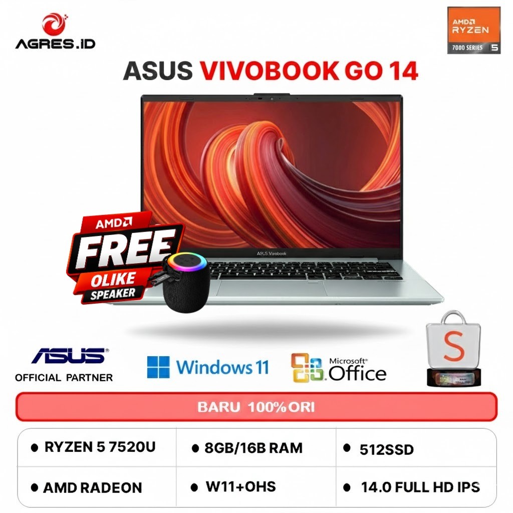 ASUS VIVOBOOK GO 14 E1404FA RYZEN 5 7520 16GB 512GB W11+OHS+O365 14.0FHD IPS SLV -VIPS554M