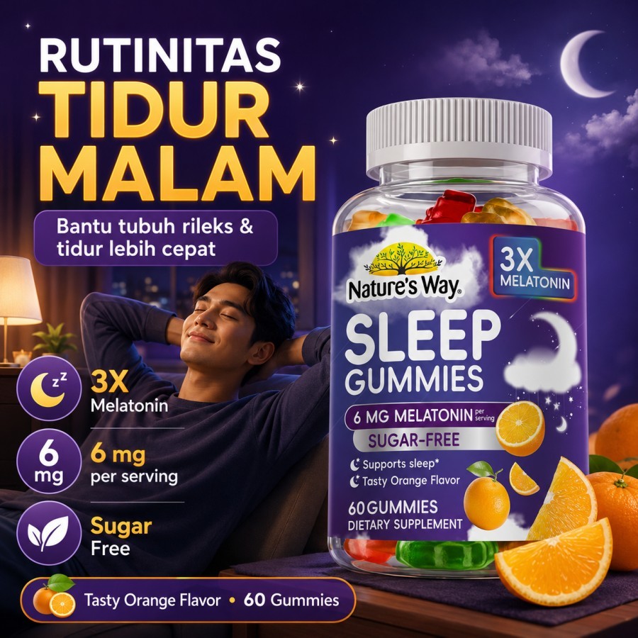 Nature’s Way Melatonin Sleep Gummies 60 Gummies 6mg per Serving Sugar Free Suplemen Tidur Malam Bant
