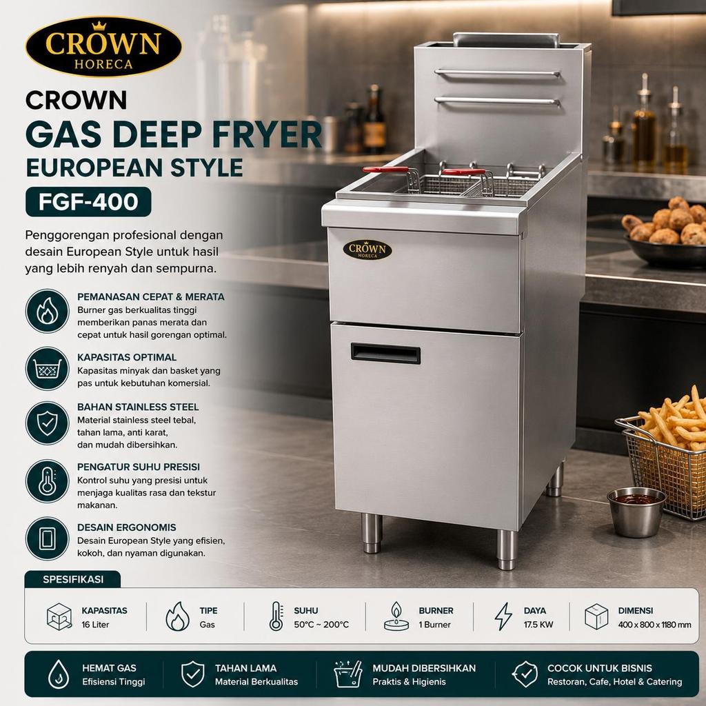 CROWN Gas Deep Fryer FRY-8 Stainless Steel Mesin Penggoreng Gas Komersial - CROWN Gas Deep Fryer Eur