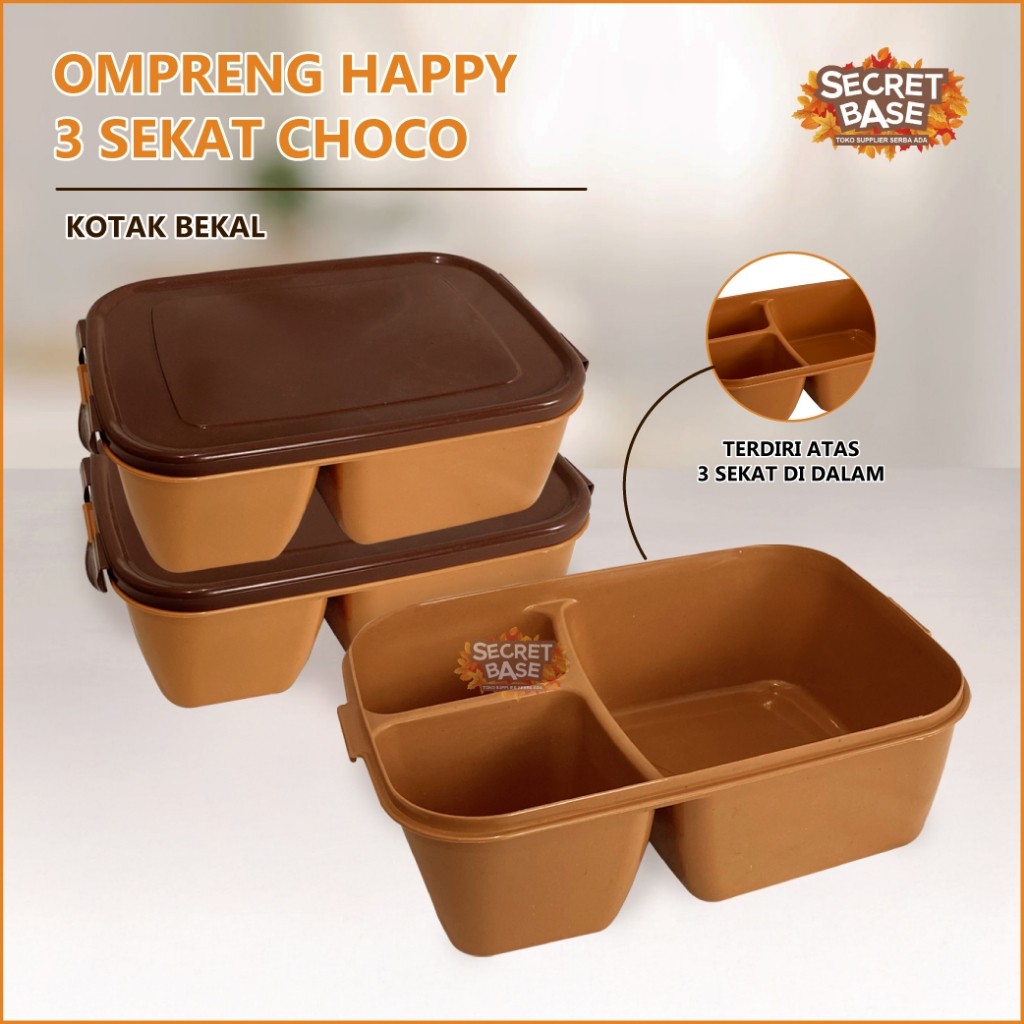 OMPRENG HAPPY 3 SEKAT CHOCO - Ompreng Kotak Makan / Kotak Bekal / Lunch box Sekat