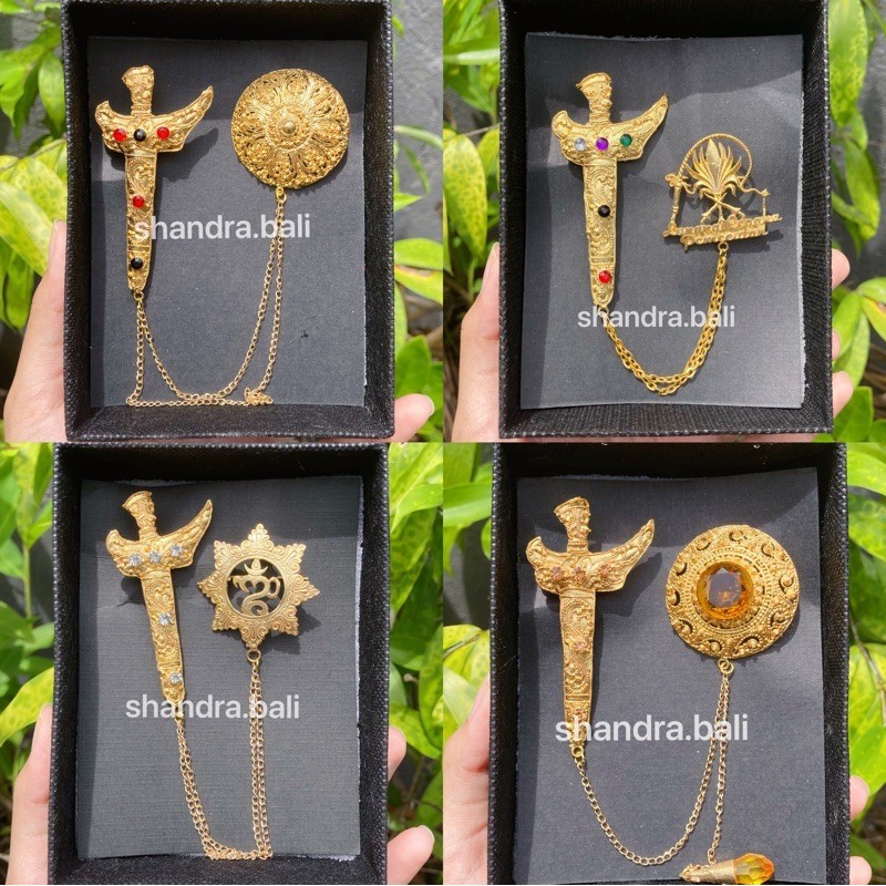 Bros / Pin Pengantin Pria Formal Alpaka Lapis Emas Keris Barong Safari Bali