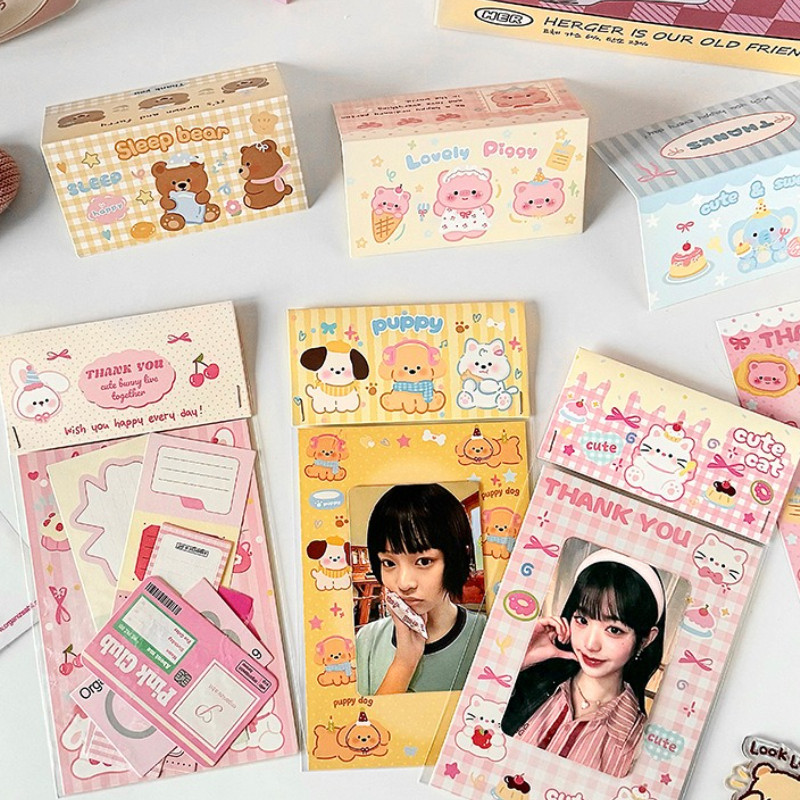 

10Pcs Kawaii Kpop Card Package Set Puppy Cat Capybara Photo Card Holder with Backing Board Card Protector for Gift Wrapping