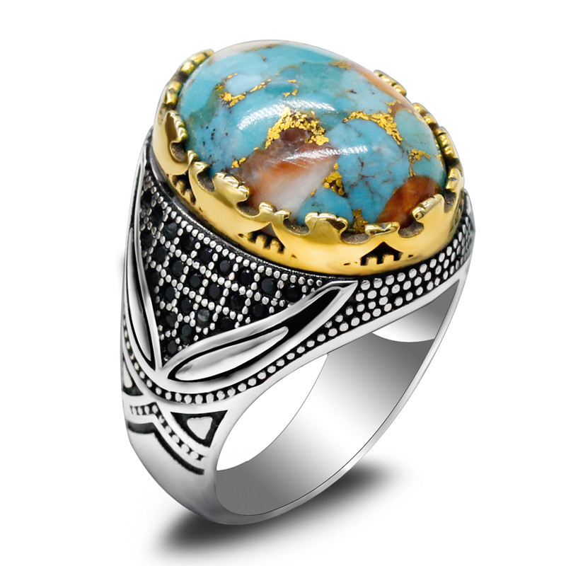 925 Sterling Silver New Men's Ring with Natural Oyster Turquoise Vintage Couple Ring Thailand Silver
