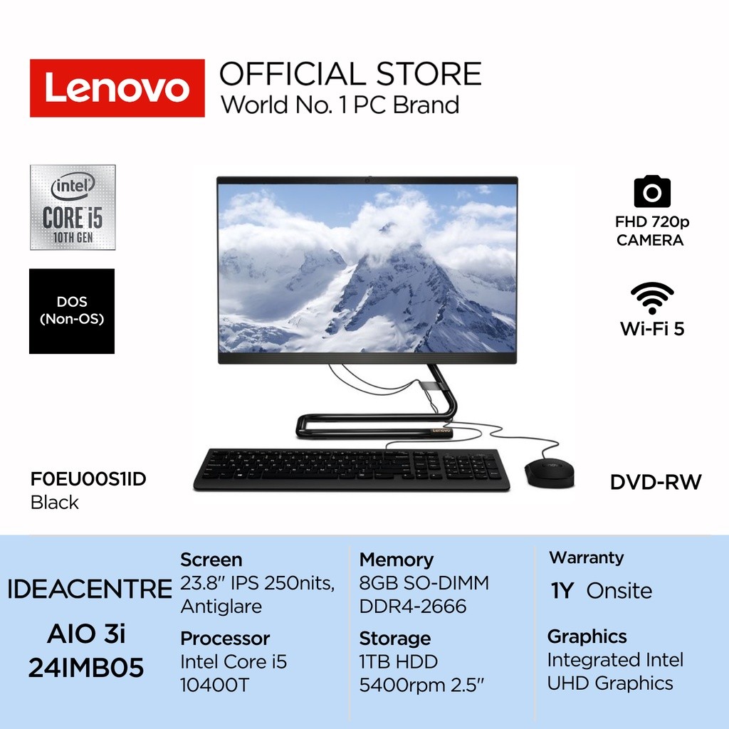 Lenovo PC IdeaCentre AIO 3i 24IMB05 S1ID Intel Core i5 10400T DOS 8GB 1TB HDD 5400rpm 23.8" FHD IPS 
