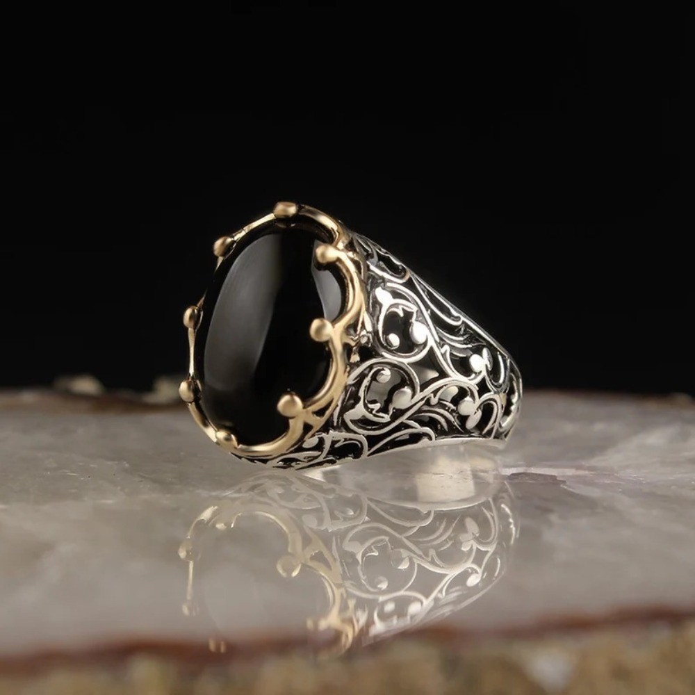 Cincin Pria Perak Emas Akik Hitam Permata Baja Titanium Kepribadian Vintage Pola Mahkota Fashion Per