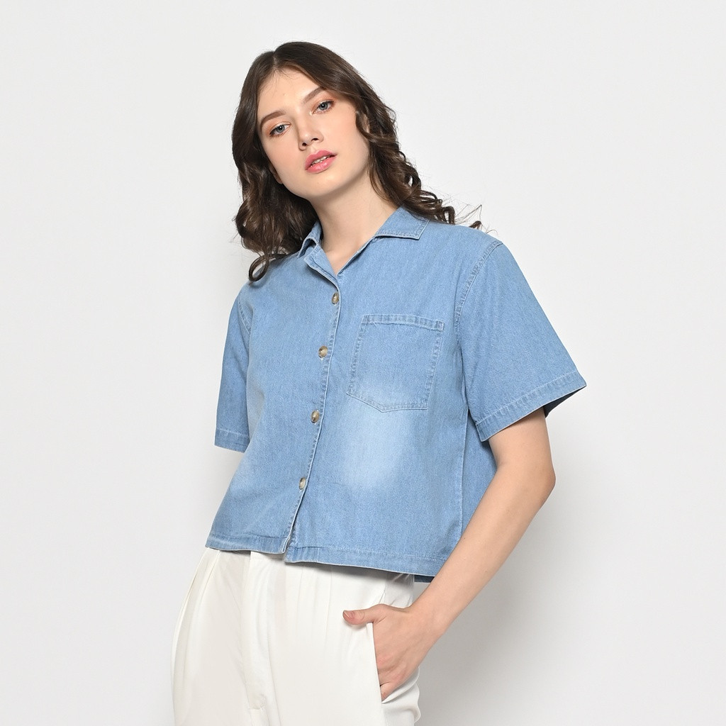 CF45ER QUEENTIN Kemeja Crop Casual Wanita 0358 Denim Jeans Lengan Pendek