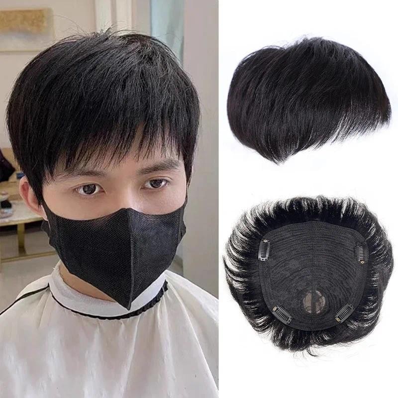 100% Human Hair Men Hairpiece Black False Cover Breathable Hair Net Base  Male Clips-On Wig Effectiv