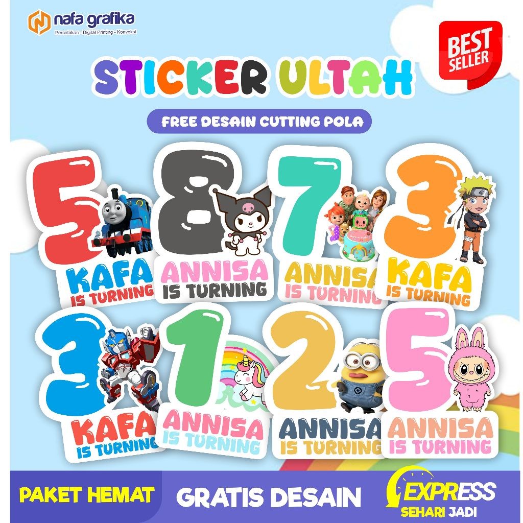 

(PAKET HEMAT) Stiker Ulang Tahun Anak Karakter Kartun Lucu Sticker Custom Label Bento Gratis Cutinng