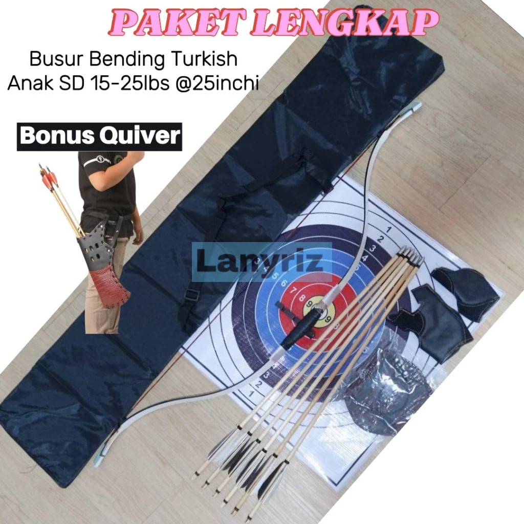 Busur Bending Turkish Anak SD SMP 15-20lbs Premium Siyah Jepit tanpa benang lilit