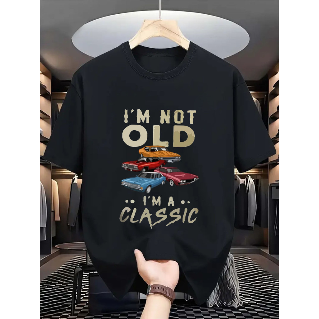 1pc Kaos Grafis Mobil Klasik Vintage Pria - "Saya Tidak Tua, Saya Seorang Klasik" Desain Mobil Otot 
