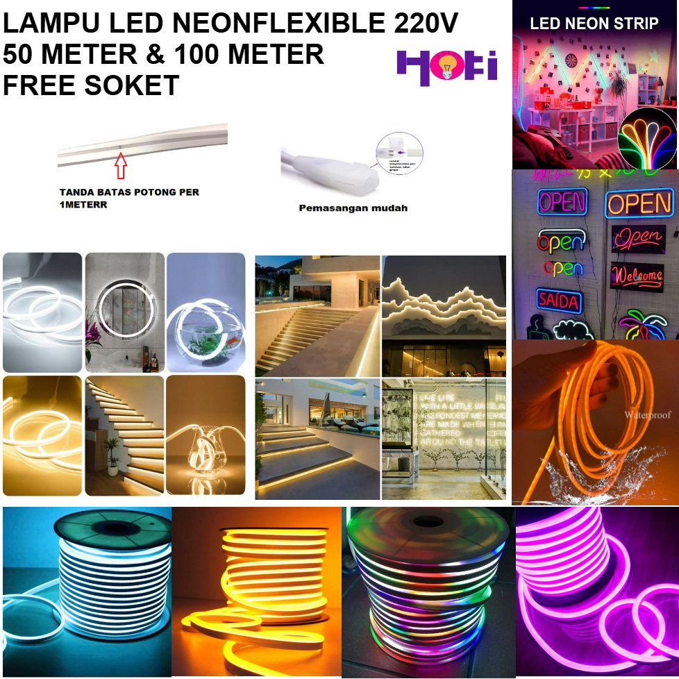 LAMPU LED SELANG NEON FLEXIBLE 50 METER dan 100 METER 220V IP65 WATERPROOF free adaptor soket