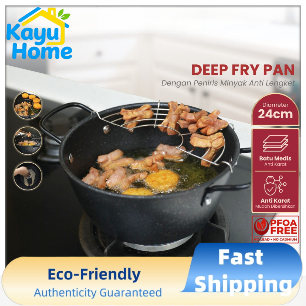 Kayu Home  - Wajan Penggorengan 24cm 22 cm Dengan Rak Tirisan Deep Fryer Pot Panci Penggorengan